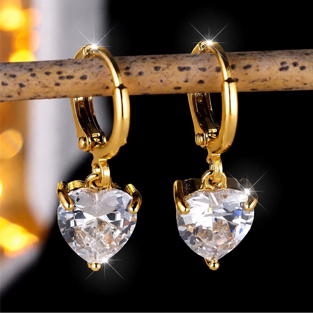 Gold Heart Crystal Drop Hoop Huggie Earrings - Women Jewelry